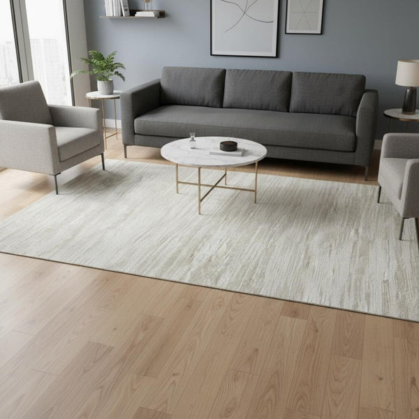 HomeRoots 5' X 8' Ivory and Beige Striped Washable Area Rug – Durable, UV-Protected, Stain-Resistant Design! 675602