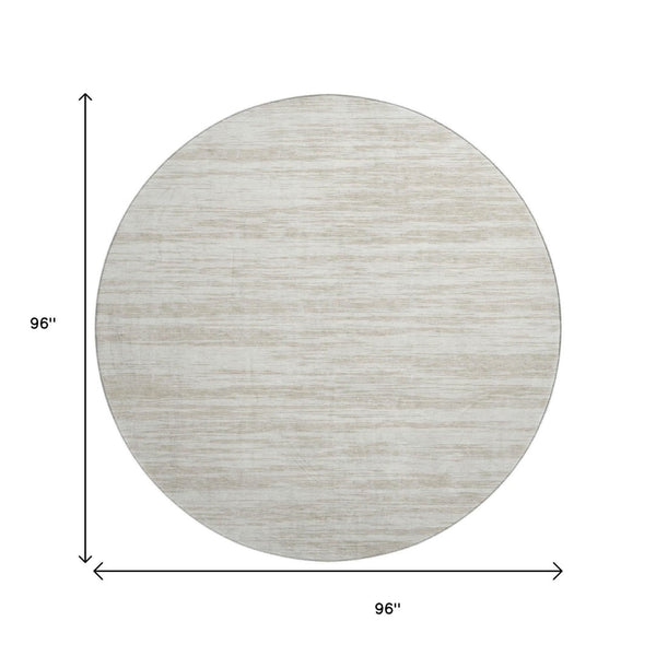 HomeRoots 8' Ivory and Beige Striped Washable Round Rug – Durable, UV Protected, Perfect for High-Traffic Spaces! 675603