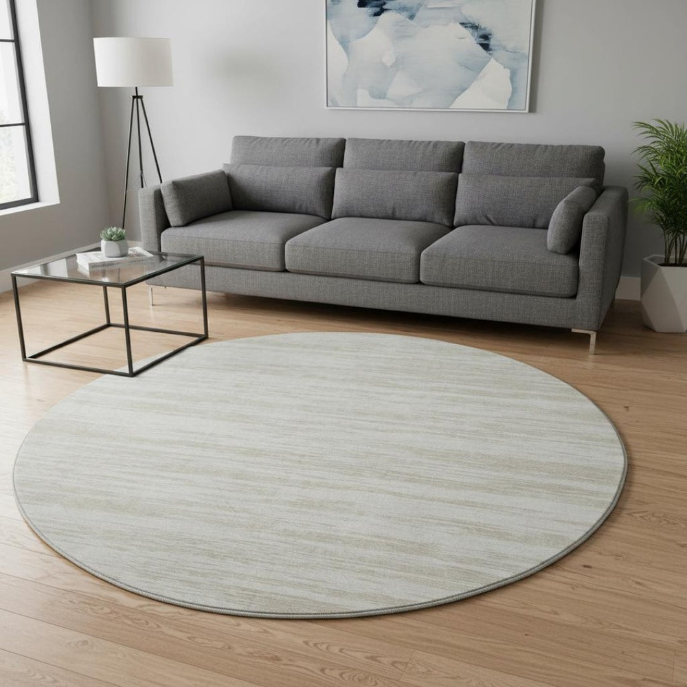 HomeRoots 8' Ivory and Beige Striped Washable Round Rug – Durable, UV Protected, Perfect for High-Traffic Spaces! 675603