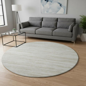 HomeRoots 8' Ivory and Beige Striped Washable Round Rug – Durable, UV Protected, Perfect for High-Traffic Spaces! 675603