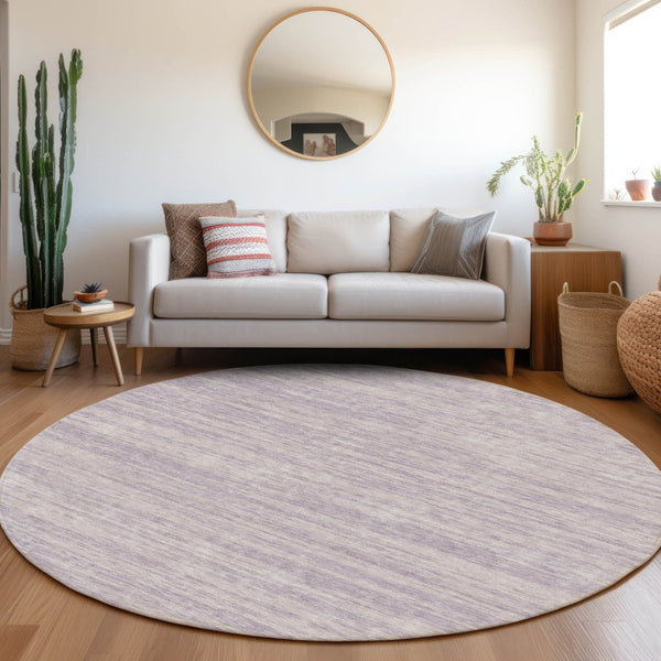 HomeRoots 8' Striped Round Rug in Lavender & Ivory – Washable, UV-Protected, Stain-Resistant for Easy Care 675609