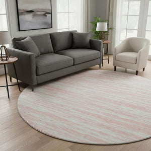 HomeRoots 8' Pink and Ivory Striped Washable Round Rug - Durable, UV-Protected, Pet-Friendly for Any Space 675615