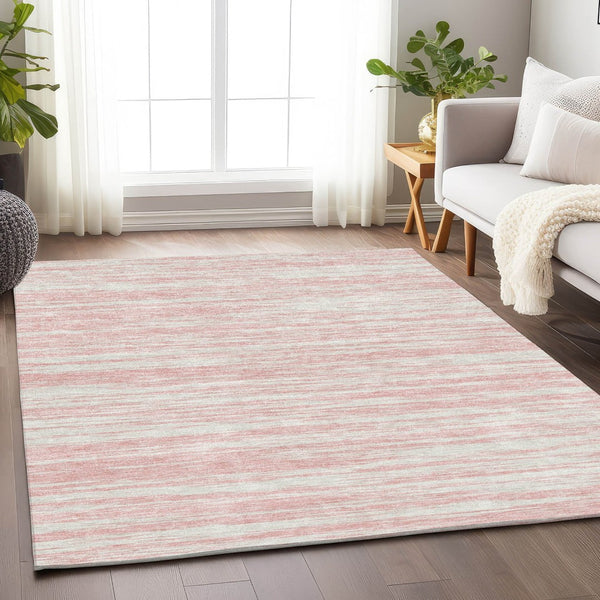 HomeRoots 9' X 12' Pink and Ivory Striped Washable Area Rug - Durable, Stain Resistant, UV Protected, Stylish Comfort 675617