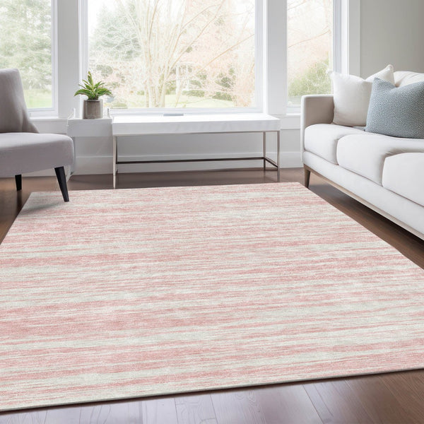 HomeRoots 9' X 12' Pink and Ivory Striped Washable Area Rug - Durable, Stain Resistant, UV Protected, Stylish Comfort 675617
