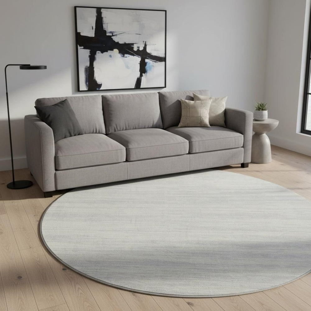 HomeRoots 8' Elegant Silver and Ivory Striped Round Rug – Washable, UV-Protected for Modern Homes & Pets 675621