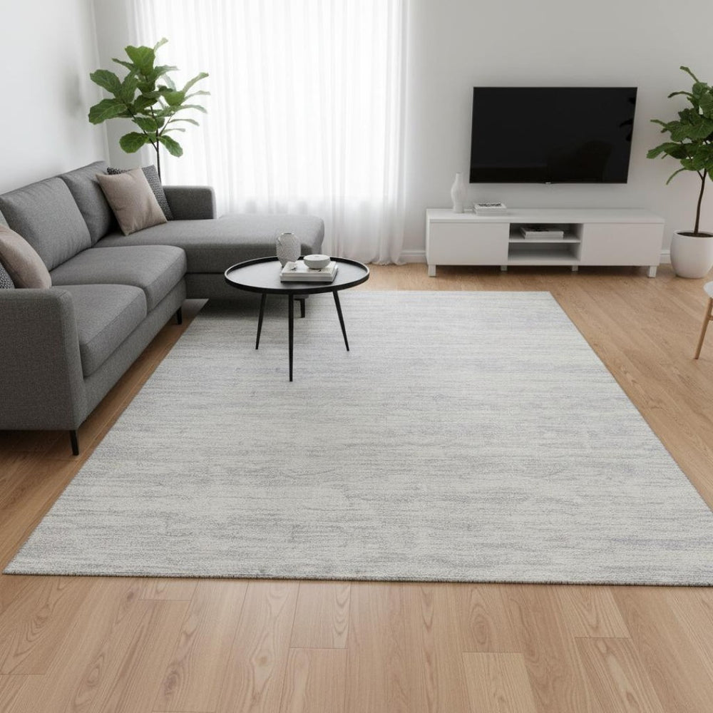 HomeRoots 9' X 12' Stylish Silver and Ivory Striped Washable Area Rug – UV Resistant, Durable & Easy Care! 675623