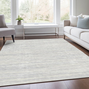 HomeRoots 9' X 12' Stylish Silver and Ivory Striped Washable Area Rug – UV Resistant, Durable & Easy Care! 675623