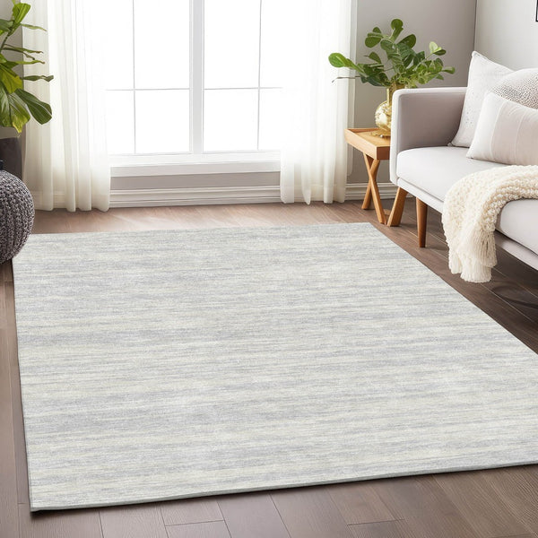 HomeRoots 10' Silver and Ivory Striped Area Rug - Washable, UV-Protected, Durable Design for Busy Homes 675624