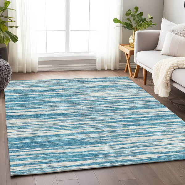 HomeRoots 5' X 8' Teal and Ivory Striped Area Rug - Washable, UV Protected, Stain Resistant, Pet Friendly Decor 675626