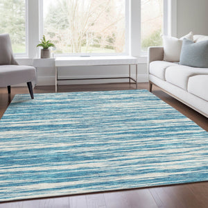 HomeRoots 5' X 8' Teal and Ivory Striped Area Rug - Washable, UV Protected, Stain Resistant, Pet Friendly Decor 675626