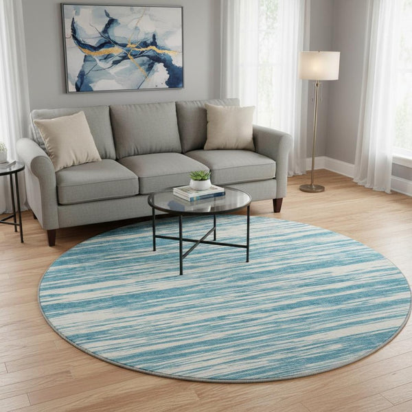 HomeRoots 8' Teal and Ivory Striped Round Rug - Washable, UV Protected, Stain Resistant for Indoor & Outdoor Use 675627