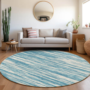 HomeRoots 8' Teal and Ivory Striped Round Rug - Washable, UV Protected, Stain Resistant for Indoor & Outdoor Use 675627