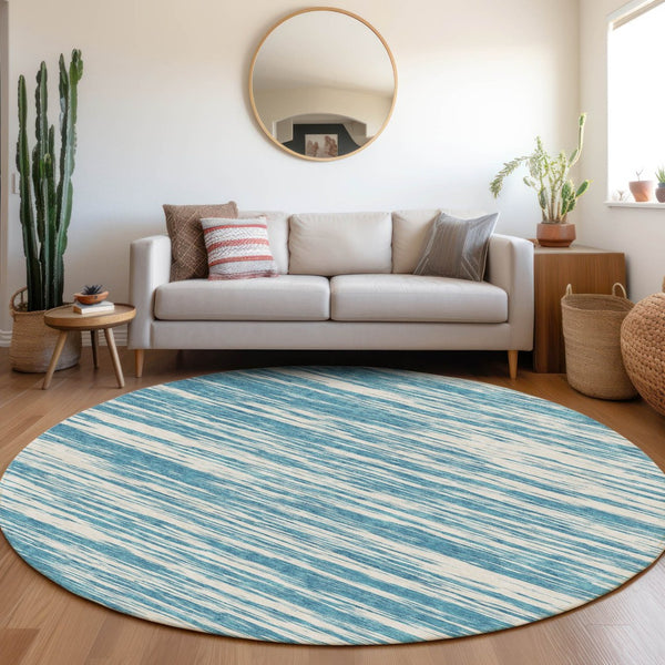 HomeRoots 8' Teal and Ivory Striped Round Rug - Washable, UV Protected, Stain Resistant for Indoor & Outdoor Use 675627