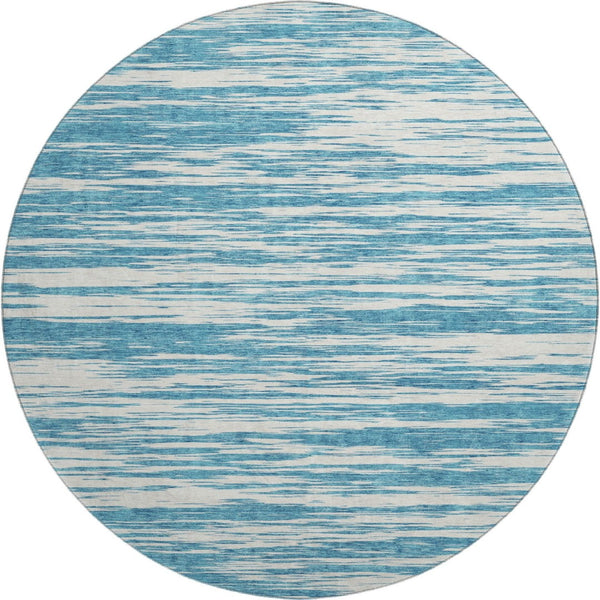 HomeRoots 8' Teal and Ivory Striped Round Rug - Washable, UV Protected, Stain Resistant for Indoor & Outdoor Use 675627