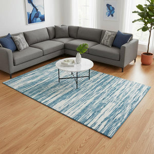 HomeRoots 8' X 10' Teal And Ivory Striped Washable Area Rug - Stain Resistant, UV Protected, Non-Slip Design 675628