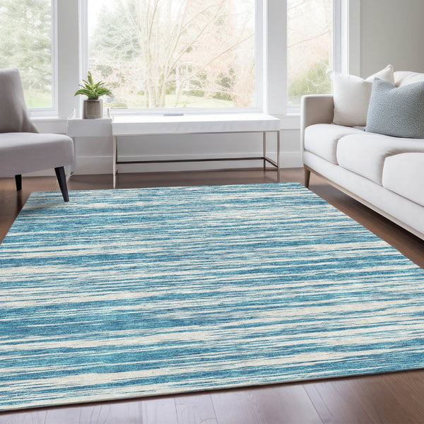 HomeRoots 8' X 10' Teal And Ivory Striped Washable Area Rug - Stain Resistant, UV Protected, Non-Slip Design 675628