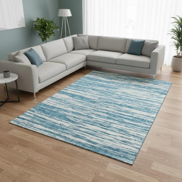 HomeRoots 9' X 12' Teal and Ivory Striped Area Rug - Durable, Stain Resistant, UV Protected for High-Traffic Spaces 675629