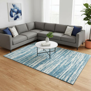 HomeRoots 10' X 14' Teal and Ivory Striped Area Rug - Durable, Stain-Resistant, UV-Protected for Active Homes 675630