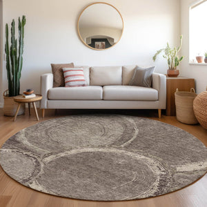 HomeRoots 8' Woodland Lodge Round Rug in Chocolate & Beige - Washable, UV-Resistant, Durable, Cozy Design 675633