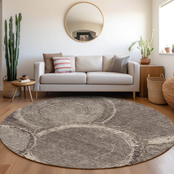 HomeRoots 8' Woodland Lodge Round Rug in Chocolate & Beige - Washable, UV-Resistant, Durable, Cozy Design 675633