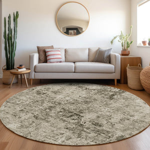 HomeRoots 8' Beige and Taupe Abstract Washable Round Rug - Durable, UV-Protected, Pet-Friendly Design for Homes 675639