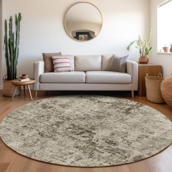 HomeRoots 8' Beige and Taupe Abstract Washable Round Rug - Durable, UV-Protected, Pet-Friendly Design for Homes 675639
