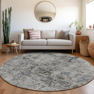 HomeRoots 8' Gray and Silver Abstract Washable Round Rug - Stylish, Durable, UV-Protected for High-Traffic Areas 675645
