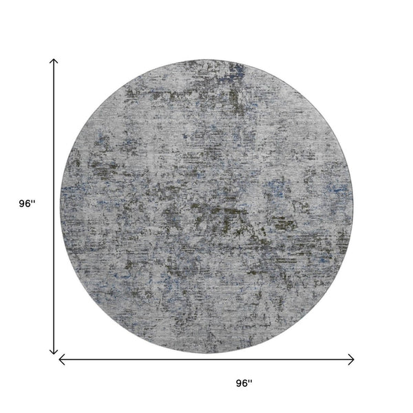 HomeRoots 8' Gray and Silver Abstract Washable Round Rug - Stylish, Durable, UV-Protected for High-Traffic Areas 675645