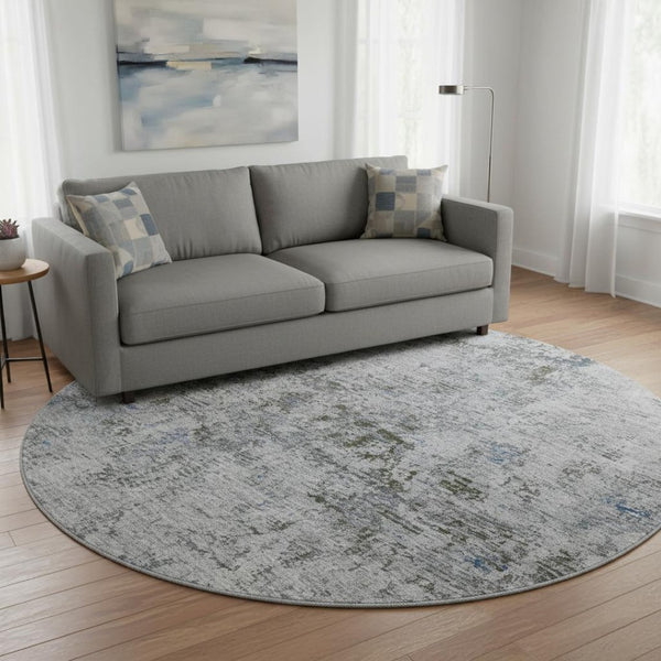 HomeRoots 8' Gray and Silver Abstract Washable Round Rug - Stylish, Durable, UV-Protected for High-Traffic Areas 675645