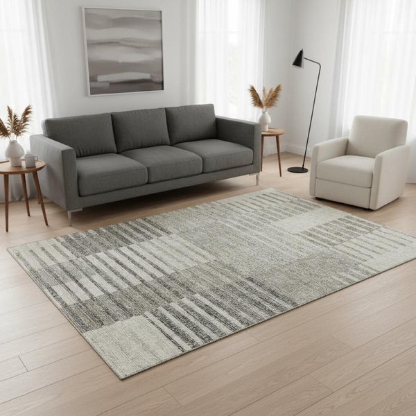 HomeRoots 5' Beige Ivory and Gray Striped Area Rug - Washable, UV Protected, Durable Carpet for Homes & Kids 675650