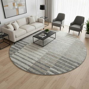 HomeRoots 8' Beige Ivory Gray Striped Washable Round Rug - Durable, Stain-Resistant, UV Protected for Any Room 675651