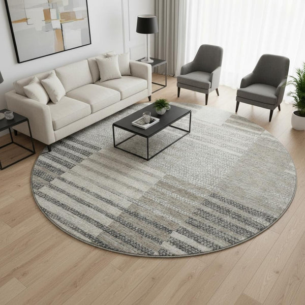 HomeRoots 8' Beige Ivory Gray Striped Washable Round Rug - Durable, Stain-Resistant, UV Protected for Any Room 675651