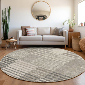 HomeRoots 8' Beige Ivory Gray Striped Washable Round Rug - Durable, Stain-Resistant, UV Protected for Any Room 675651
