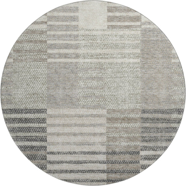 HomeRoots 8' Beige Ivory Gray Striped Washable Round Rug - Durable, Stain-Resistant, UV Protected for Any Room 675651