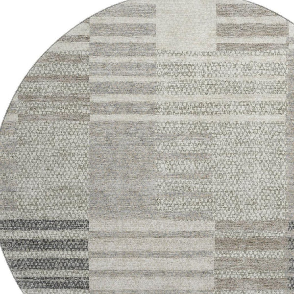 HomeRoots 8' Beige Ivory Gray Striped Washable Round Rug - Durable, Stain-Resistant, UV Protected for Any Room 675651