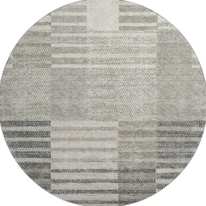 HomeRoots 8' Beige Ivory Gray Striped Washable Round Rug - Durable, Stain-Resistant, UV Protected for Any Room 675651