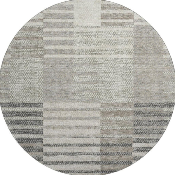 HomeRoots 8' Beige Ivory Gray Striped Washable Round Rug - Durable, Stain-Resistant, UV Protected for Any Room 675651