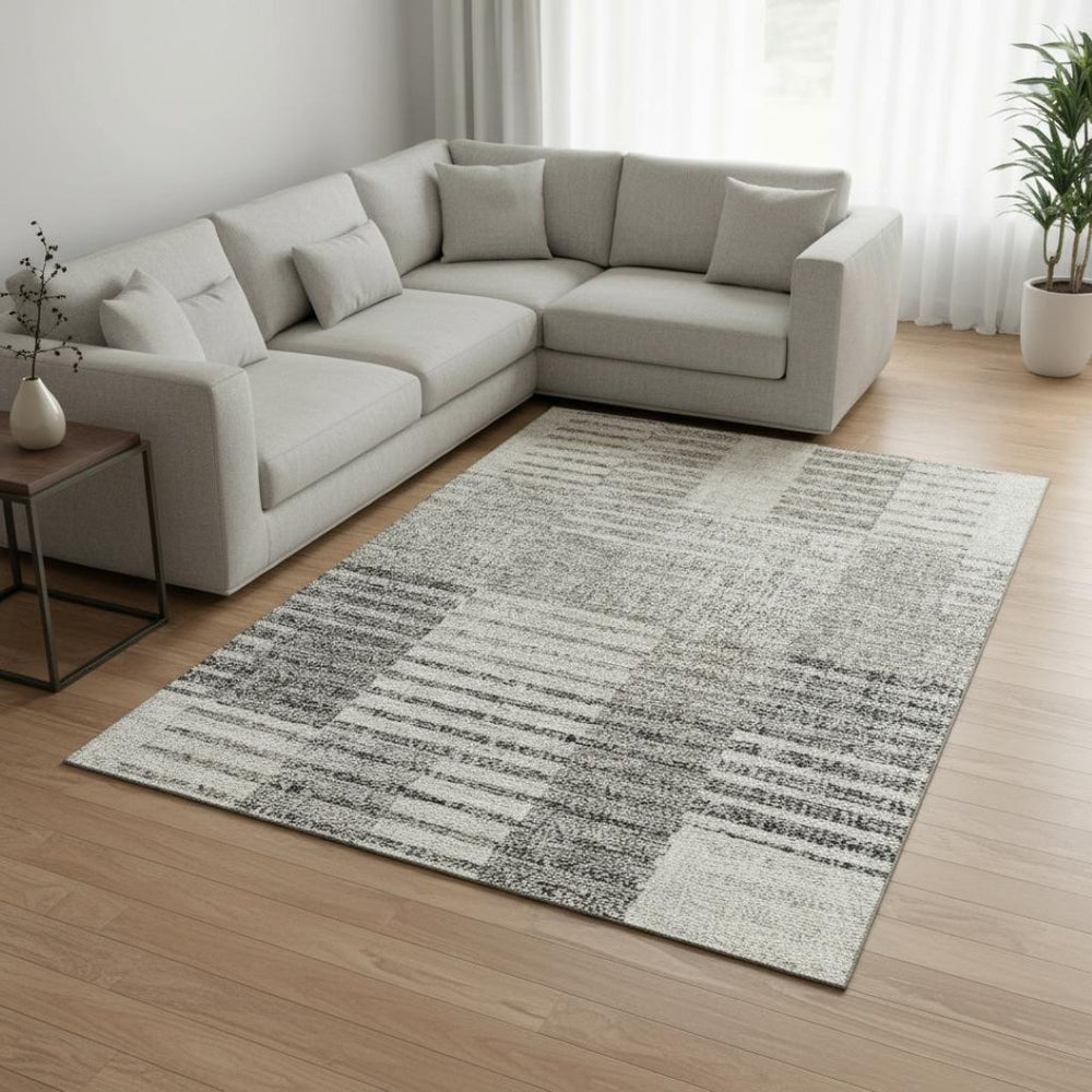 HomeRoots 8' X 10' Beige Ivory and Gray Striped Washable Area Rug - Durable, Stain-Resistant, UV Protected 675652