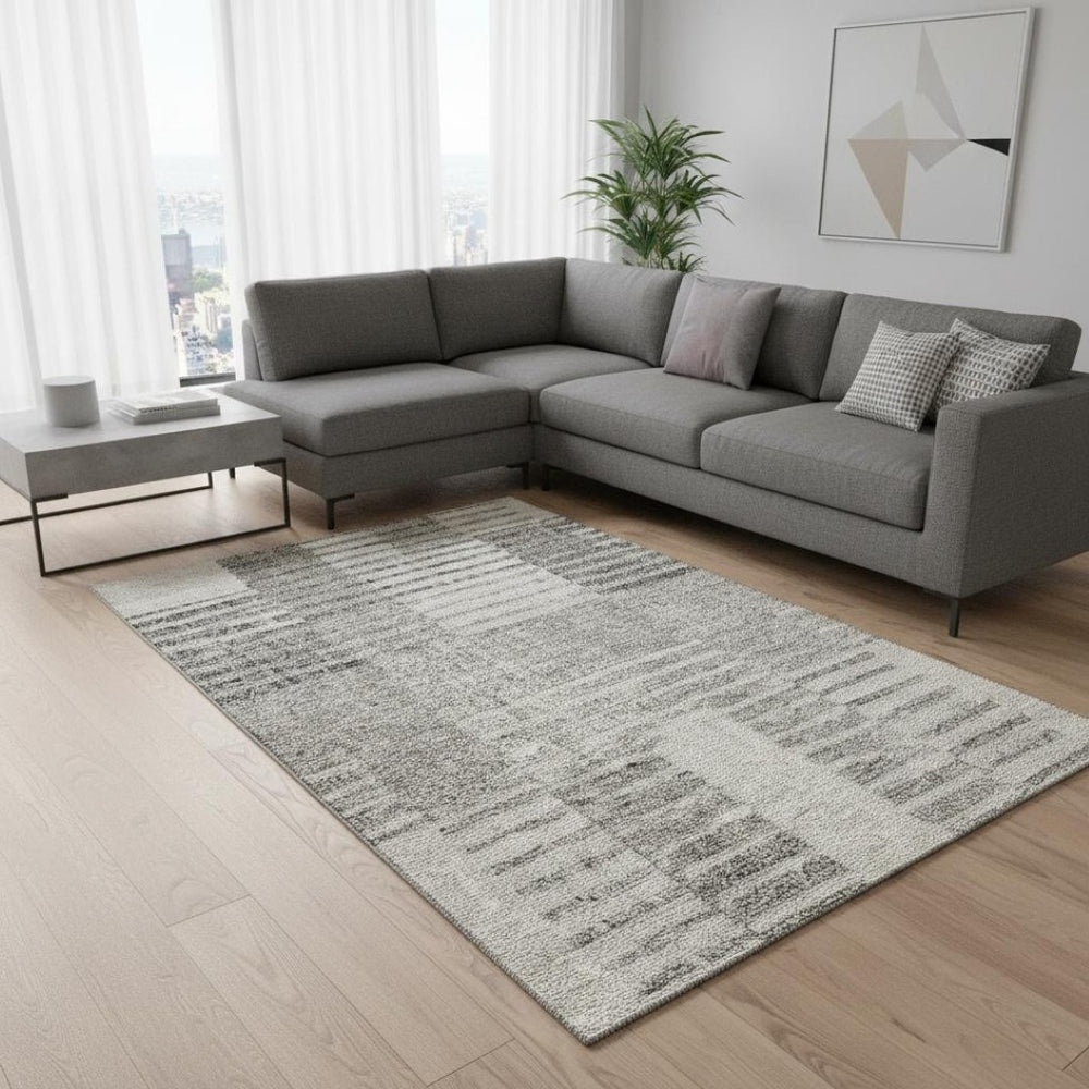 HomeRoots 9' X 12' Stylish Beige Gray Striped Washable Area Rug with UV Protection for High-Traffic Spaces 675653