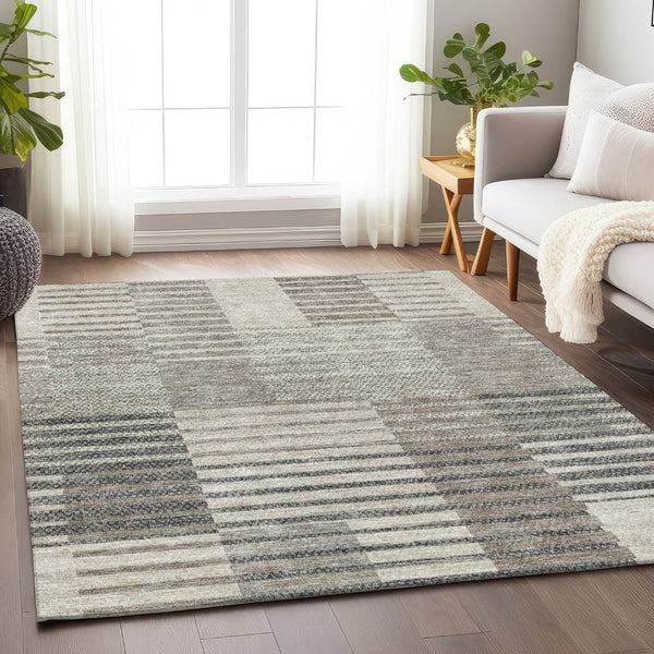 HomeRoots 10' Beige Ivory Gray Striped Washable Area Rug - Durable, Stain-Resistant, UV Protected for Homes 675654