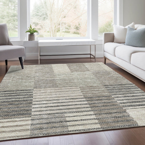 HomeRoots 10' Beige Ivory Gray Striped Washable Area Rug - Durable, Stain-Resistant, UV Protected for Homes 675654