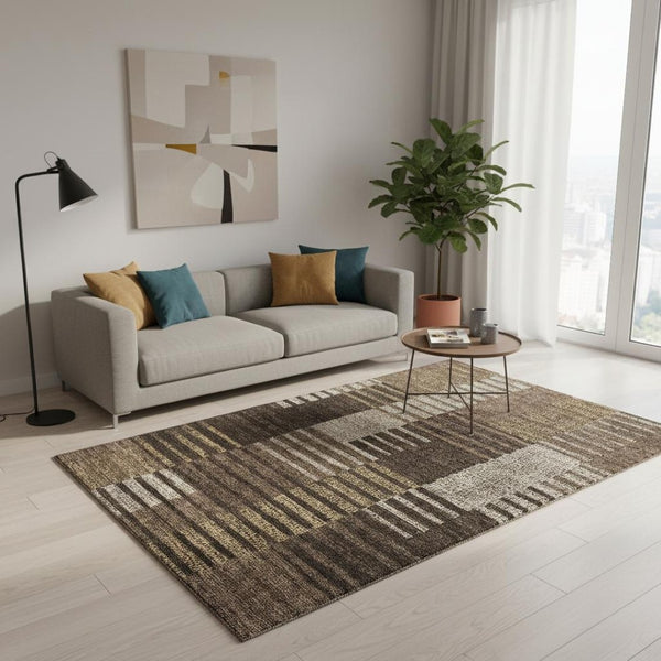 HomeRoots 5' Chocolate Beige and Gold Striped Washable Area Rug with UV Protection for High-Traffic Areas 675656