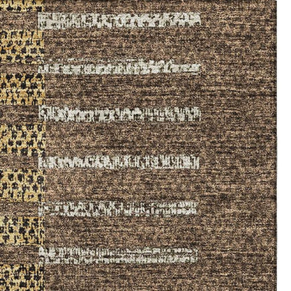 HomeRoots 5' Chocolate Beige and Gold Striped Washable Area Rug with UV Protection for High-Traffic Areas 675656