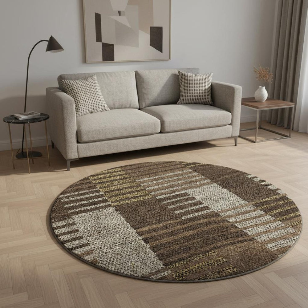HomeRoots 8' Chocolate Beige & Gold Striped Round Rug - Washable, UV-Protected & Stain-Resistant for Homes 675657