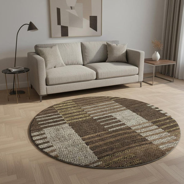 HomeRoots 8' Chocolate Beige & Gold Striped Round Rug - Washable, UV-Protected & Stain-Resistant for Homes 675657