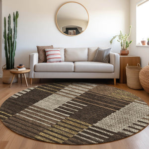 HomeRoots 8' Chocolate Beige & Gold Striped Round Rug - Washable, UV-Protected & Stain-Resistant for Homes 675657