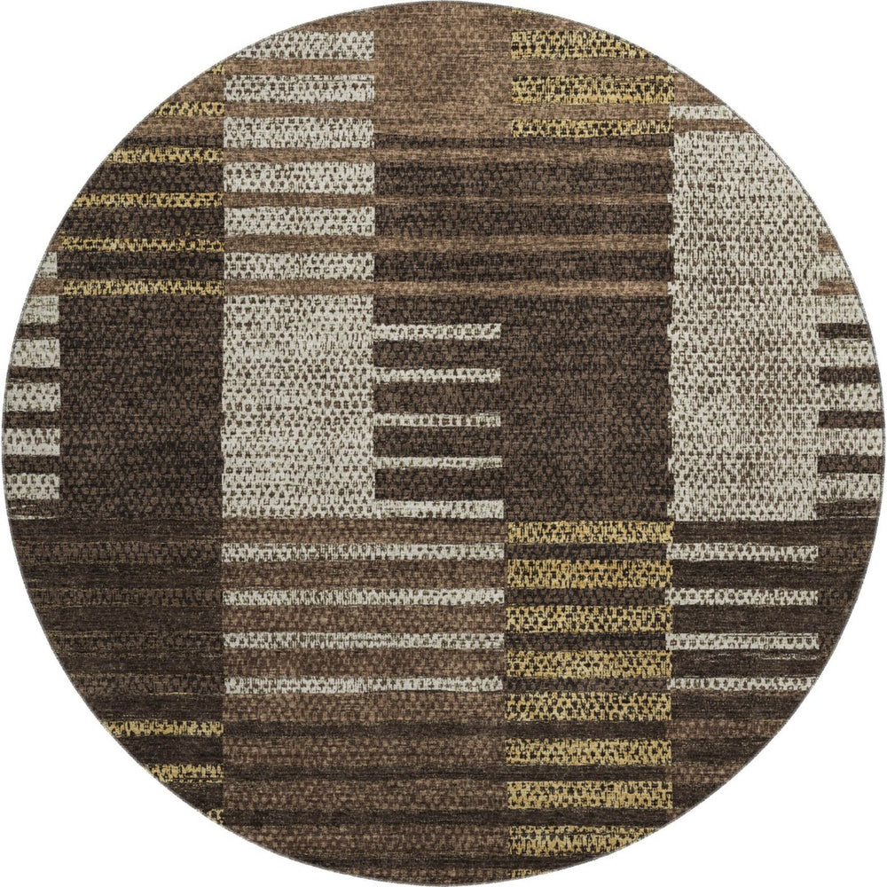 HomeRoots 8' Chocolate Beige & Gold Striped Round Rug - Washable, UV-Protected & Stain-Resistant for Homes 675657