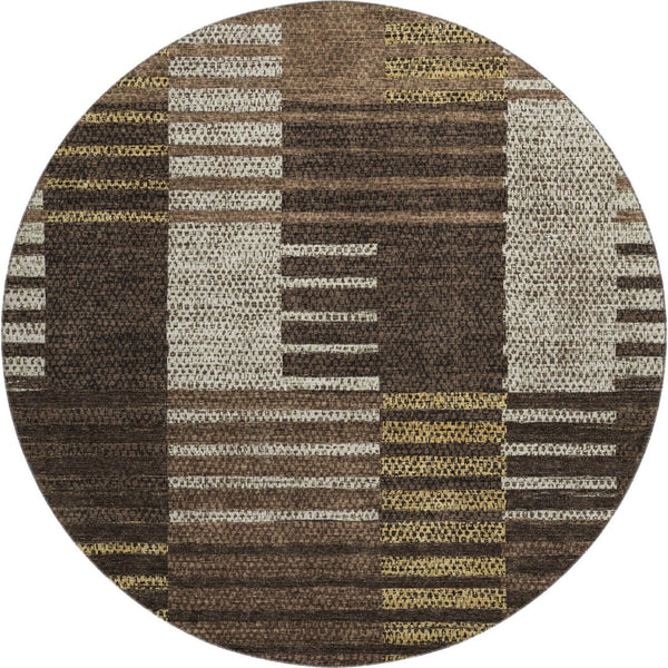 HomeRoots 8' Chocolate Beige & Gold Striped Round Rug - Washable, UV-Protected & Stain-Resistant for Homes 675657