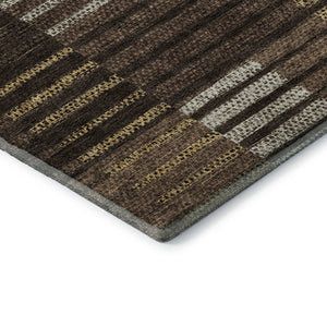 HomeRoots 8' Chocolate Beige & Gold Striped Round Rug - Washable, UV-Protected & Stain-Resistant for Homes 675657