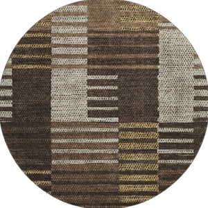 HomeRoots 8' Chocolate Beige & Gold Striped Round Rug - Washable, UV-Protected & Stain-Resistant for Homes 675657